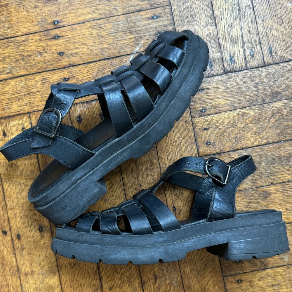 Free People Delaney Fisherman Platform Sandal Black Leather Sz 7